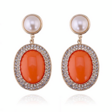Load image into Gallery viewer, Pearl Crystals &amp; Orange Oval Stone Gold Clip-On Earrings
