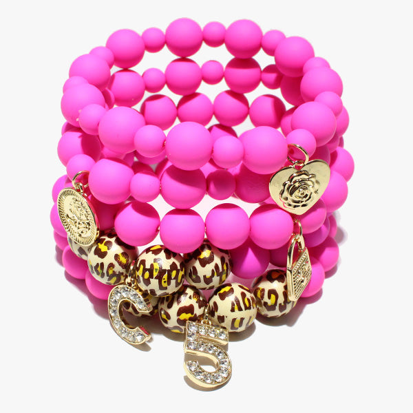 C5 Multi charm multi layered stretch bracelet with Leopard