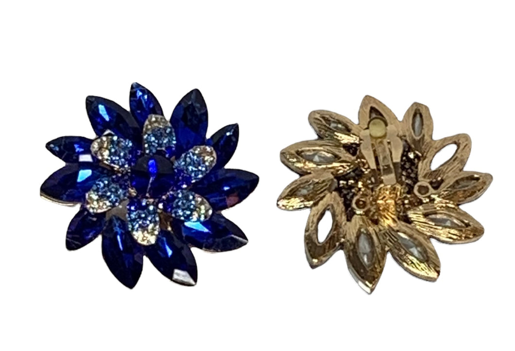 Royal Blue & Clear Crystals Gold Clip-On Earrings