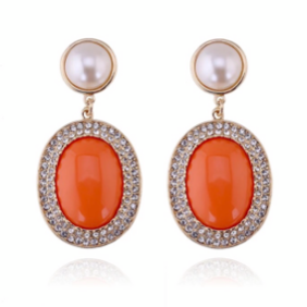 Pearl Crystals & Orange Oval Stone Gold Clip-On Earrings